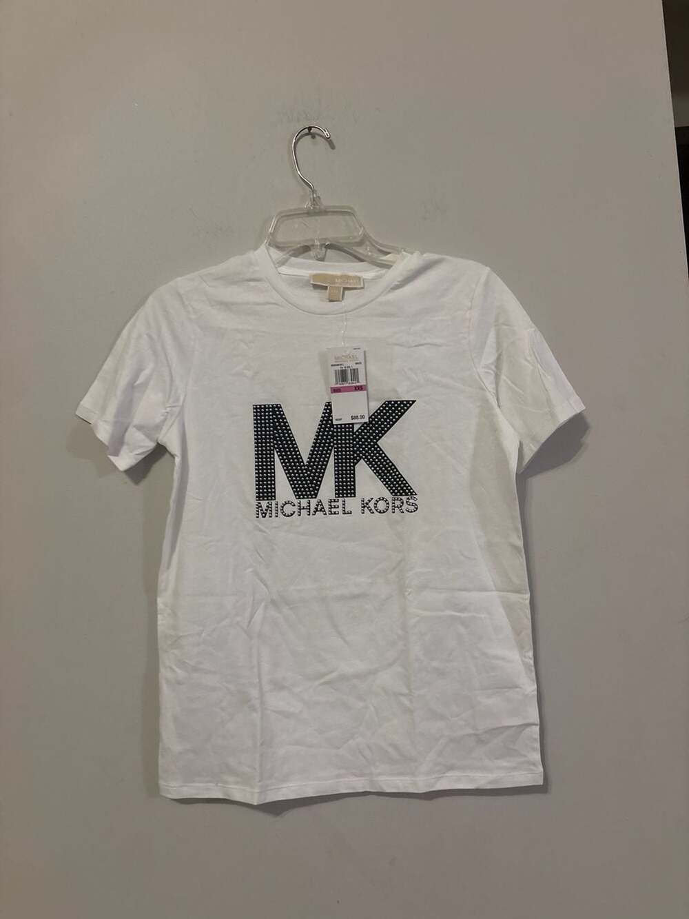 MICHAEL Michael Kors Short Sleeve Studded Logo Cotton T-Shirt in White Size XXS